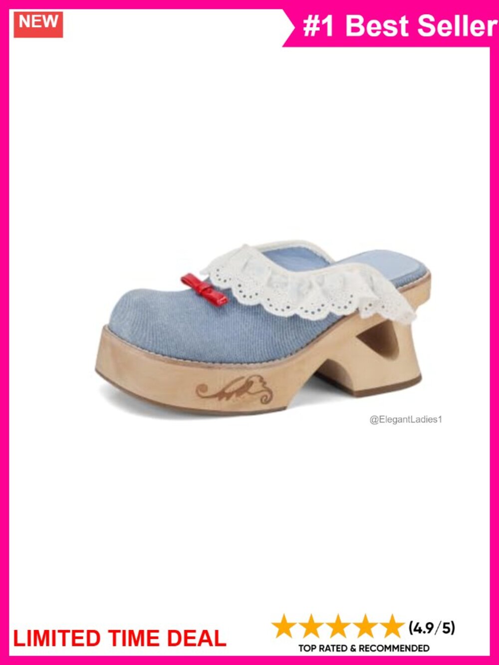 Handmade Wooden Clogs Platform Low Heel Open Back Mules 3.2in Heel